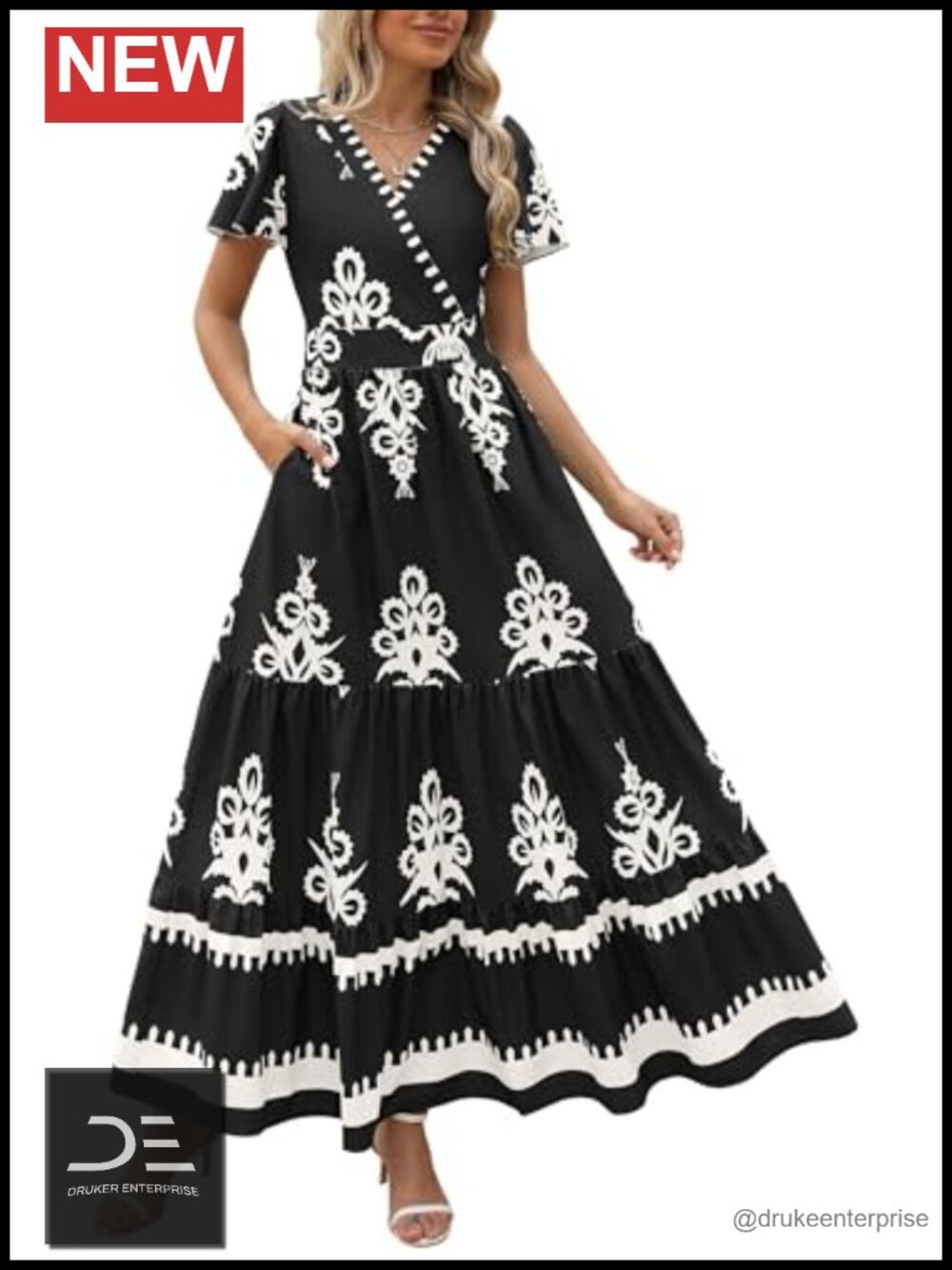 Womens Floral Boho Maxi Dress V Neck Flutter Sleeve Tiered A-Line Summer